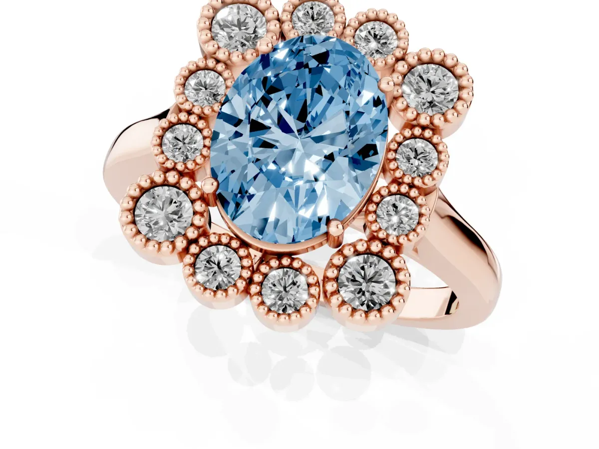 Fancy Blue Oval Cut Halo Diamond Cluster Engagement Ring with Milgrain Bezel Setting and Solitaire Band Rose gold