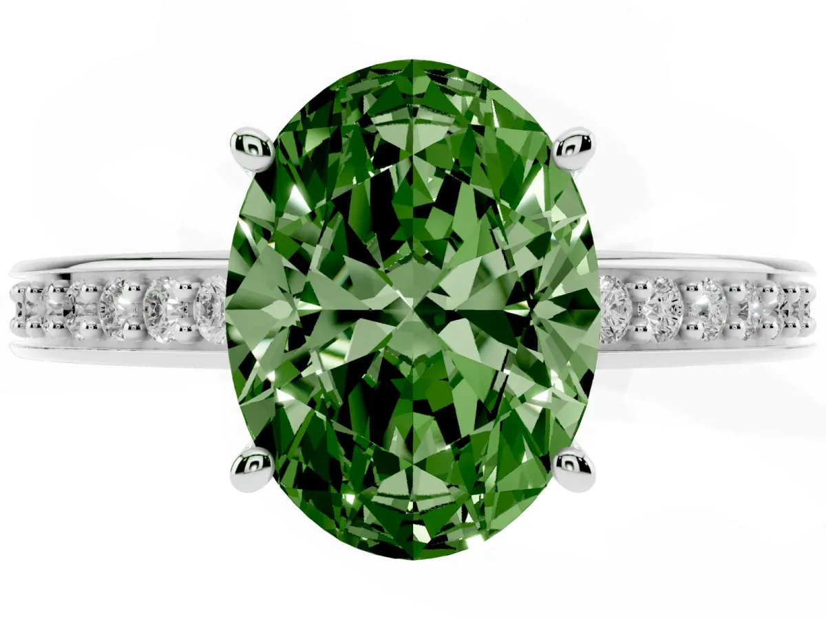 Fancy Green Oval Cut Solitaire Pavé Band Prong Setting Ring Silver