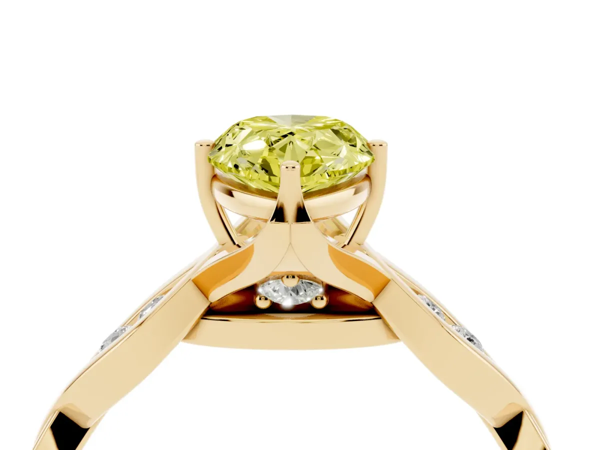 Fancy Yellow Pear Cut Solitaire Twist Band with Leaf Prong Setting Yellow gold