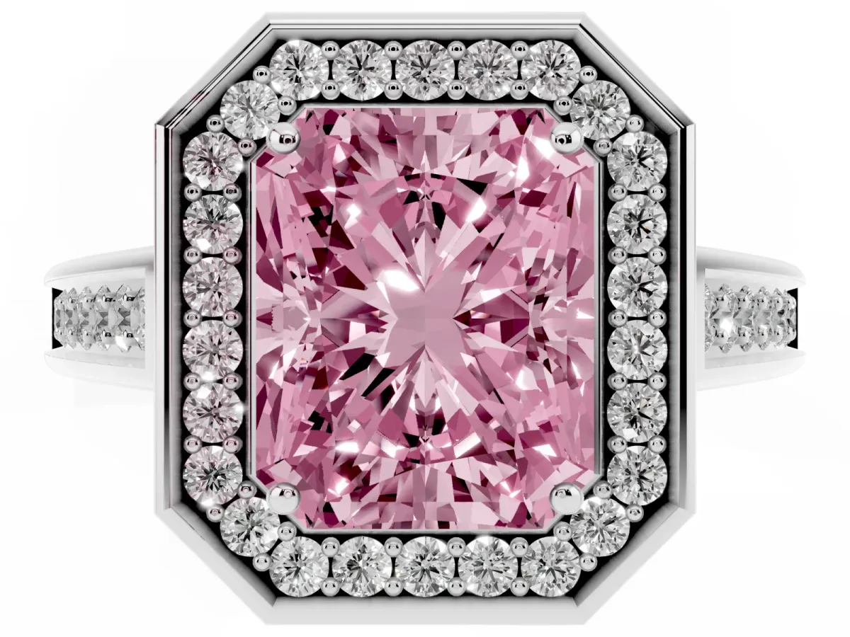 Fancy Pink Radiant Cut Halo Solitaire Diamond Ring with Pave Band and Bezel Setting White gold