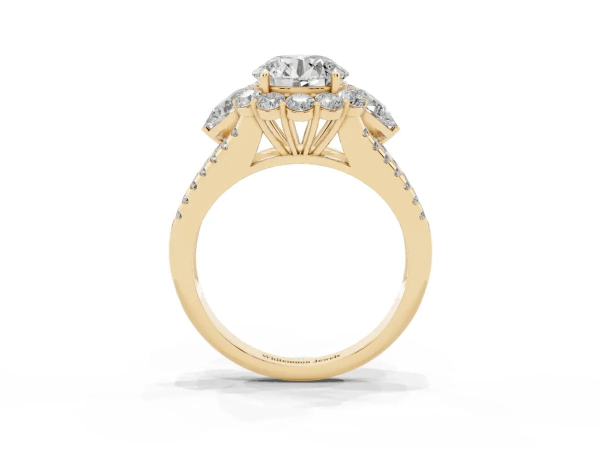 Round Cut Halo Split Shank Diamond Engagement Ring with Prong Setting Yellow gold