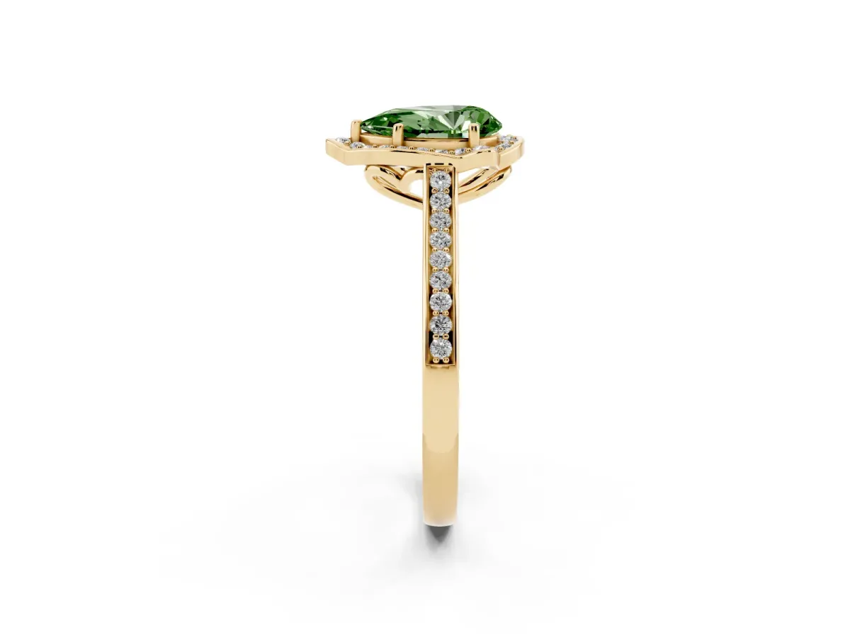 Fancy Green Pear Cut Halo Round Diamond Pave Band with Four-Prong Setting Yellow gold