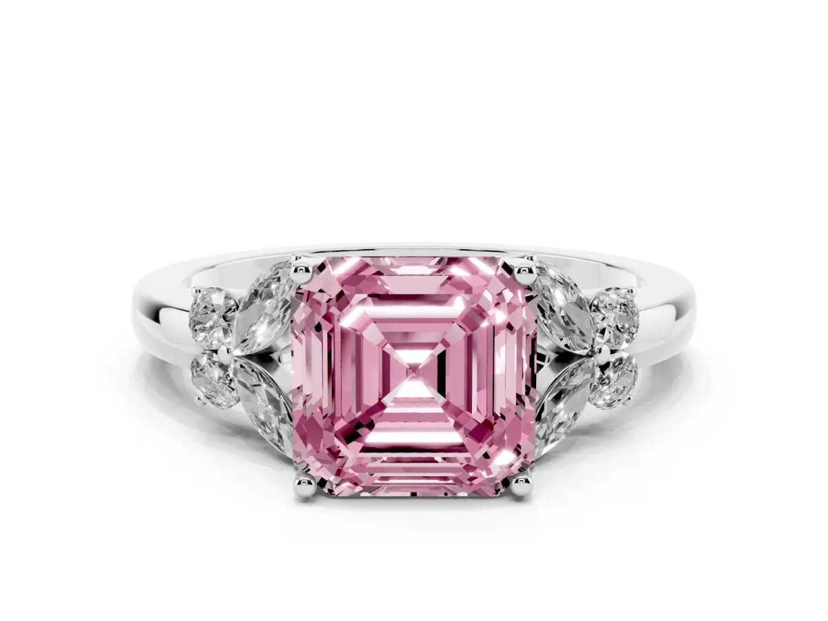 Fancy Pink Asscher Cut Cut Solitaire Floral Diamond Ring with Four-Prong Setting Silver