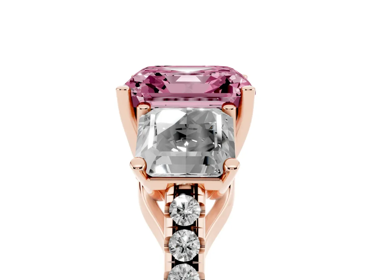 Fancy Pink Three-Stone Asscher Cut Diamond Ring with Round Pavé Band and Prong Setting Rose gold