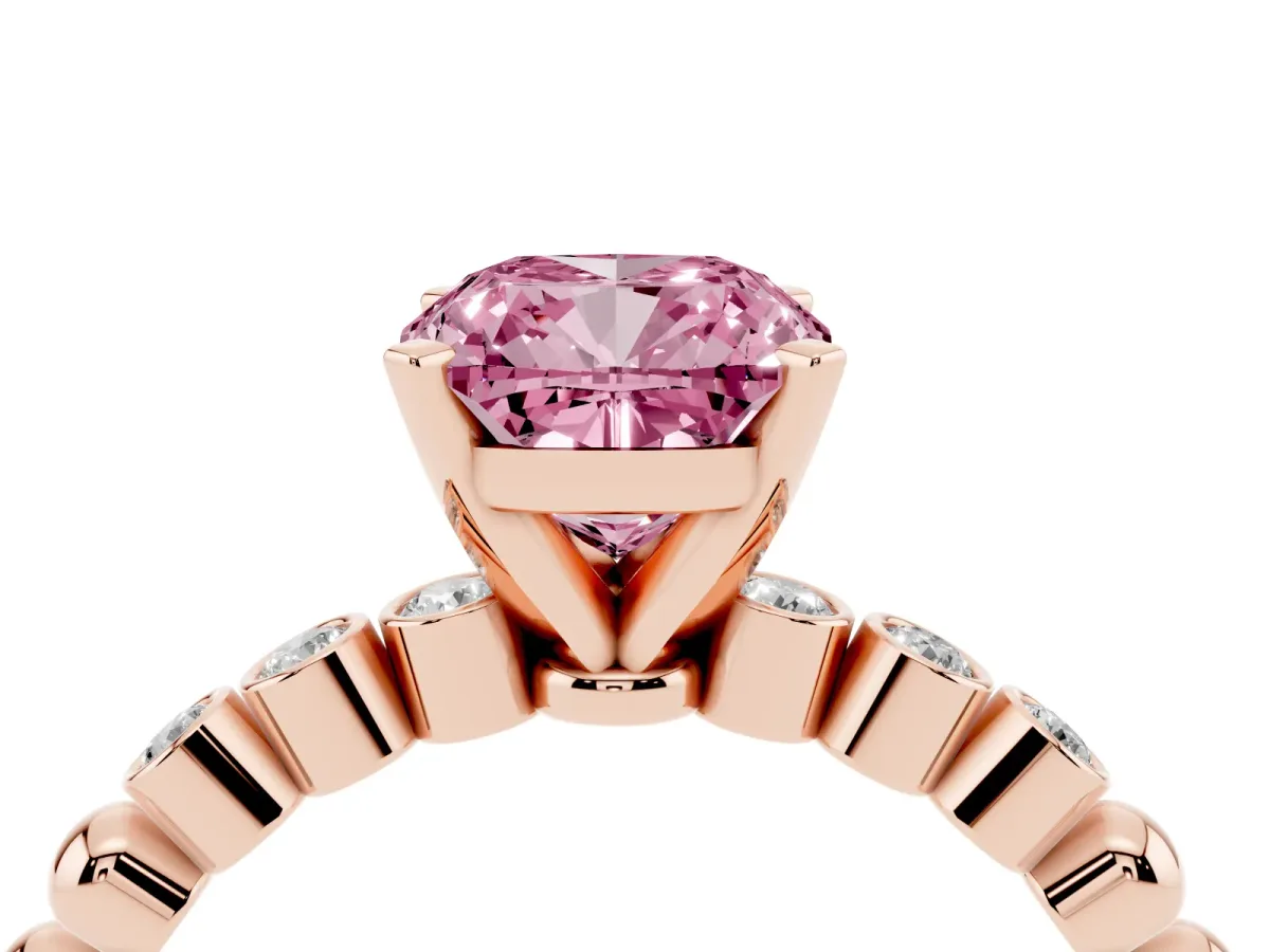 Fancy Pink Cushion Cut Solitaire Bezel Accent Diamond Engagement Ring with Beaded Band and Four-Prong Setting Rose gold