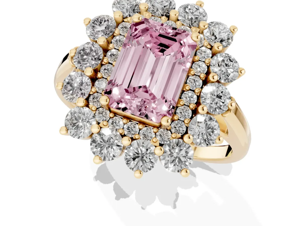 Fancy Pink Emerald Cut Diamond Floral Double Halo Engagement Ring with Prong Setting Yellow gold