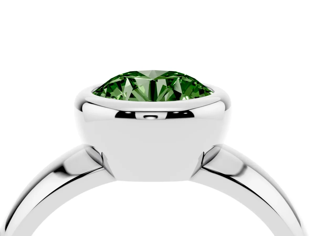 Fancy Green Bezel Set Round Cut Solitaire Ring with Wide Band Silver
