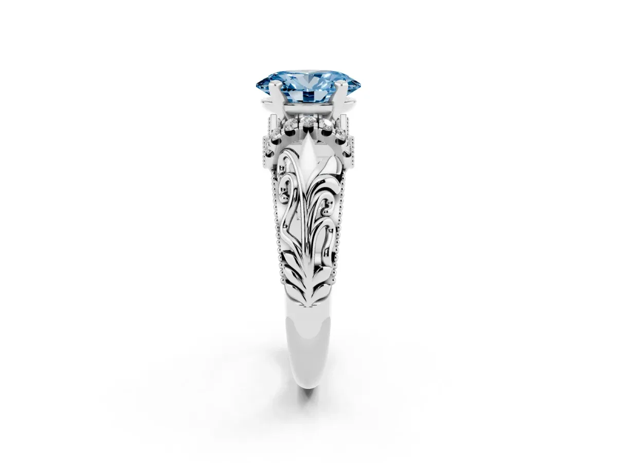 Fancy Blue Oval Cut Solitaire Filigree Engagement Ring with Halo and Prong Setting Silver