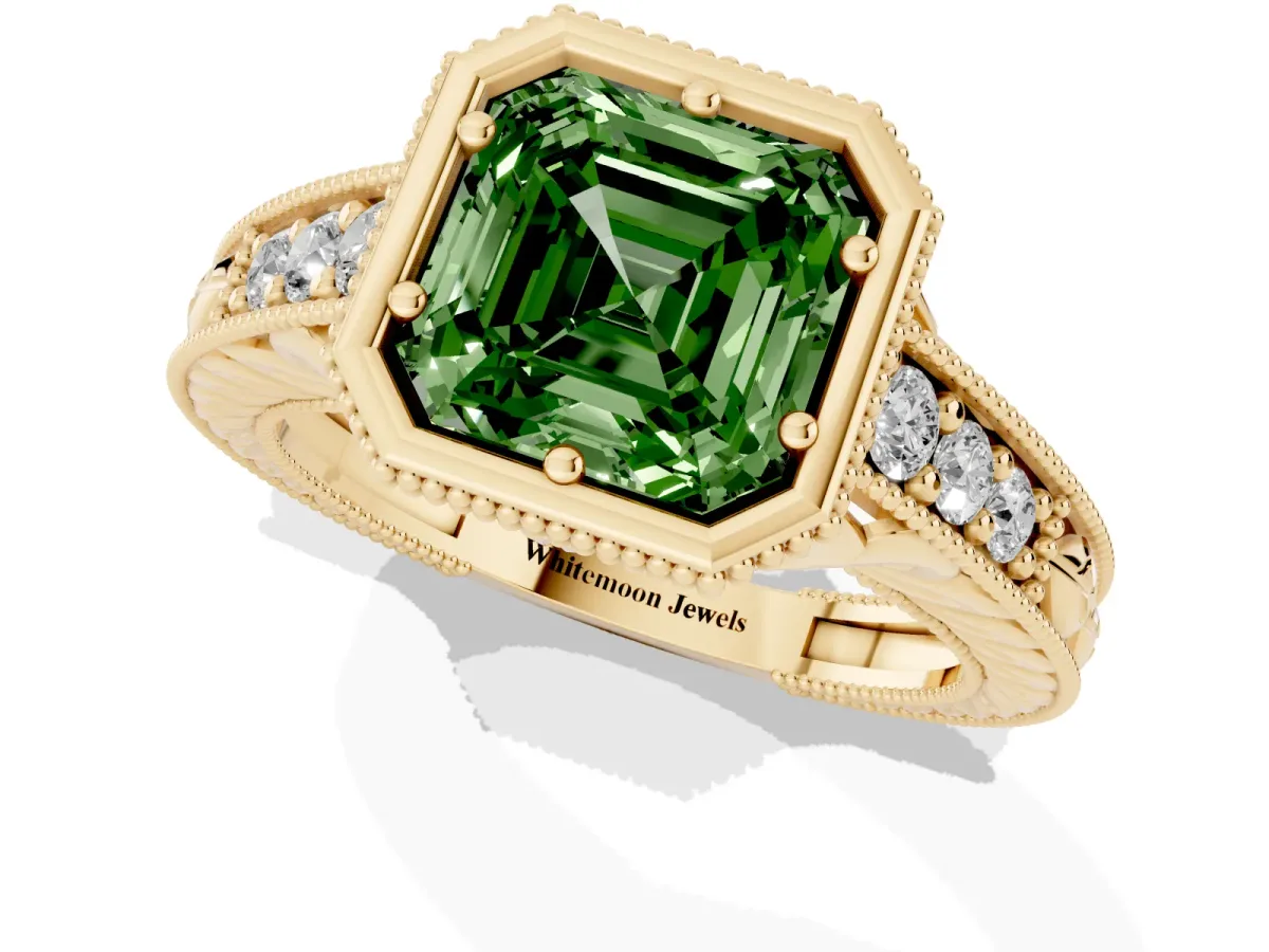 Fancy Green Bezel Set Asscher Cut Diamond Milgrain Pave Engagement Ring Yellow gold