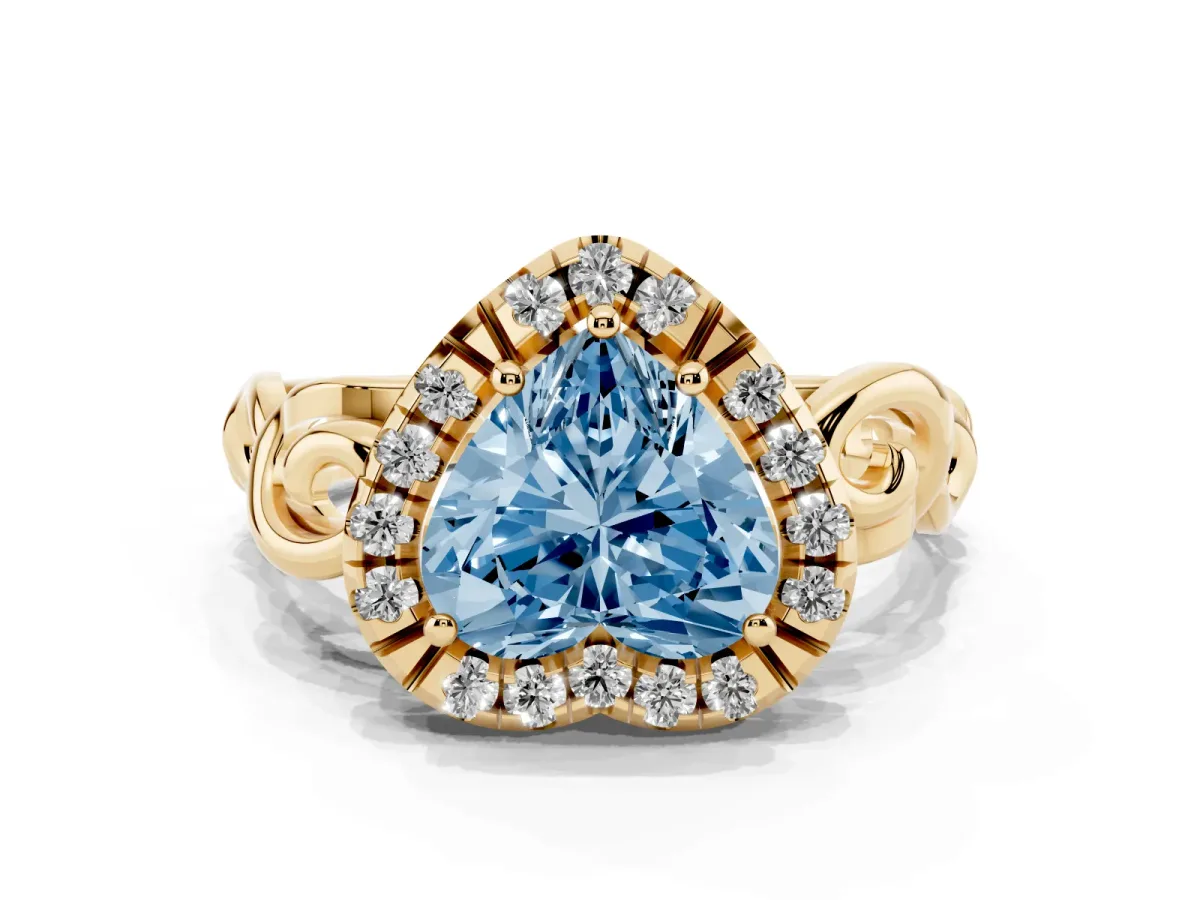 Fancy Blue Heart Cut Cut Halo Diamond Ring with Scrollwork Band and Four-Prong Setting Yellow gold