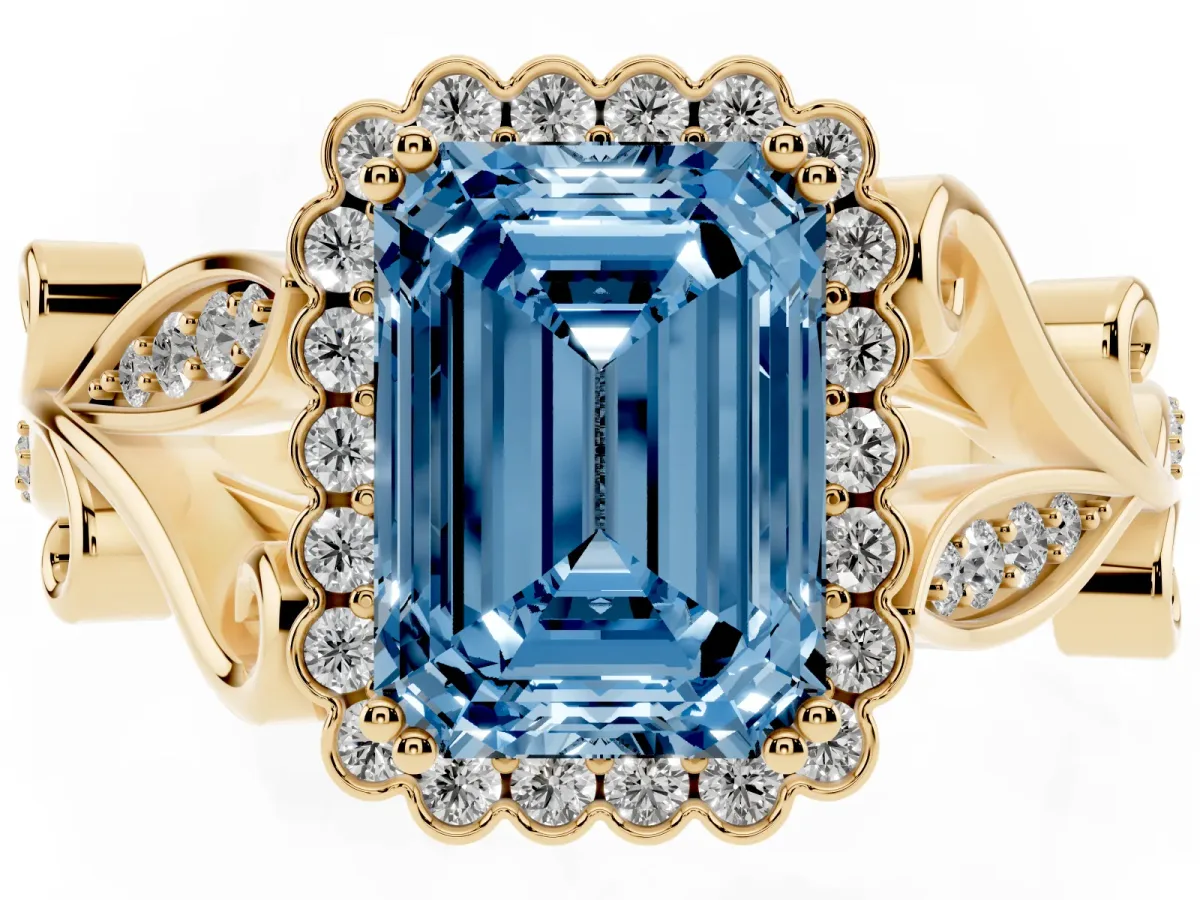 Fancy Blue Emerald Cut Diamond Halo Ring with Vintage Split Shank and Four-Prong Setting Yellow gold