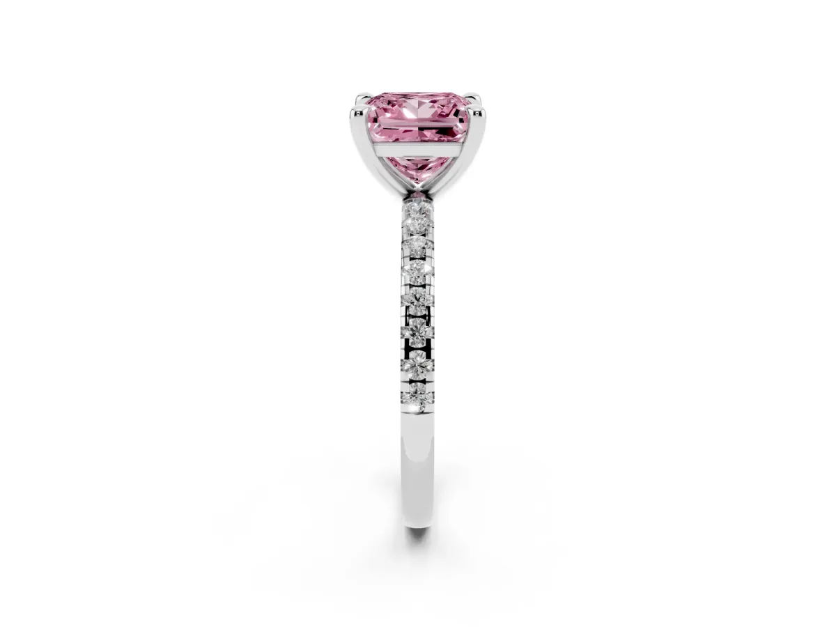 Fancy Pink Princess Cut Diamond Brilliant Solitaire Ring with Pavé Band and Four-Prong Setting Platinum