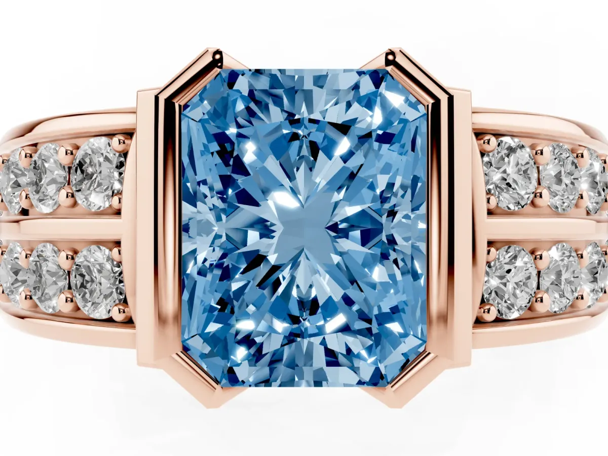 Fancy Blue Radiant Cut Brilliant Diamond Channel Set Wide Band Ring with Bezel Setting Rose gold