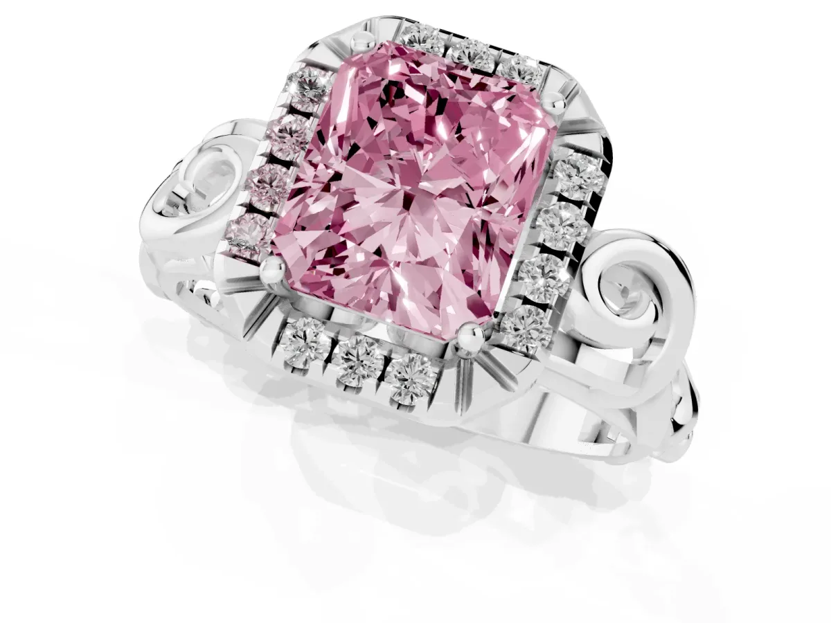 Fancy Pink Radiant Cut Cut Halo Diamond Ring with Scrollwork Band and Four-Prong Setting Silver