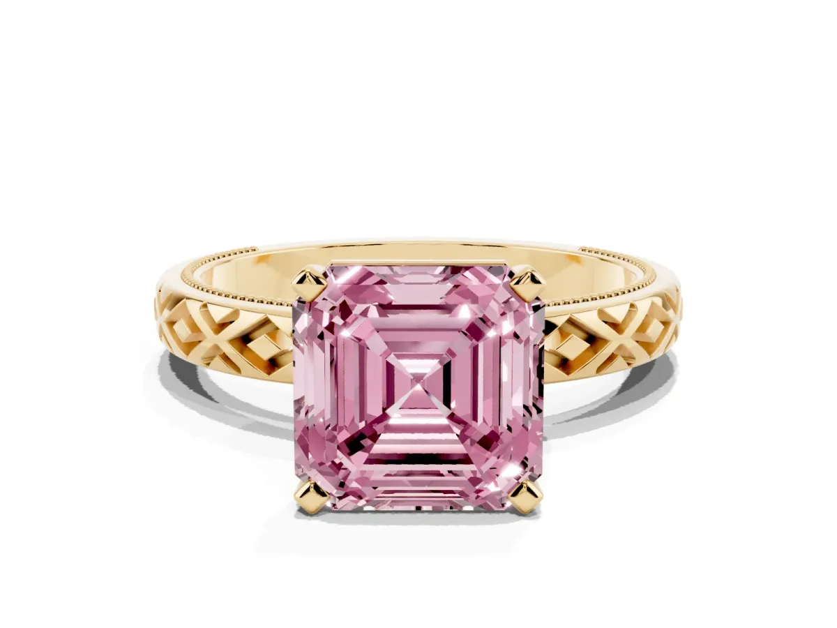 Fancy Pink Asscher Cut Solitaire Diamond Ring with Milgrain and Black Enamel X Pattern Band Yellow gold
