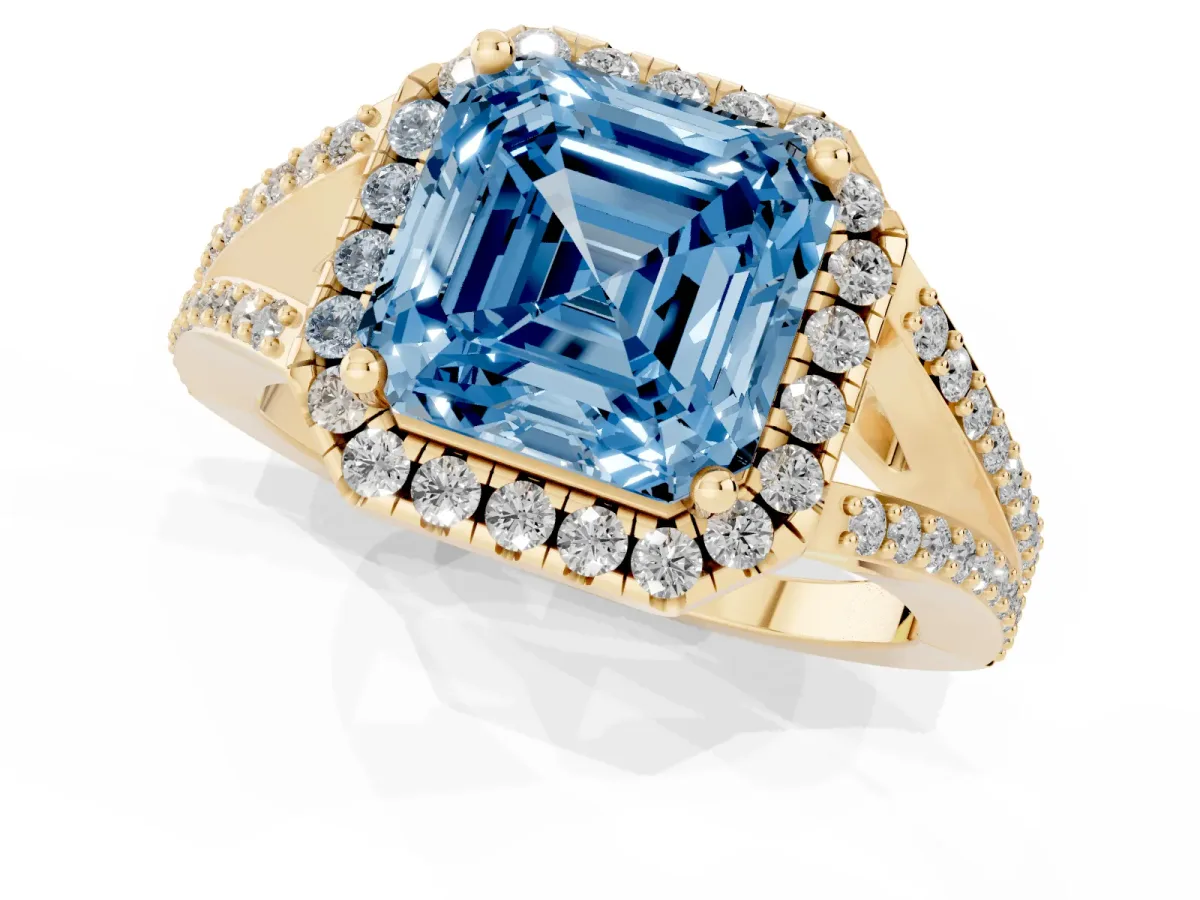 Fancy Blue Asscher Cut Halo Split Shank Diamond Ring with Prong Setting Yellow gold