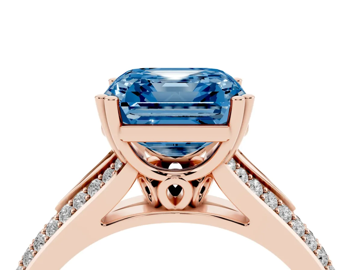 Fancy Blue Asscher Cut Diamond Split Shank Engagement Ring with Pavé Band Rose gold