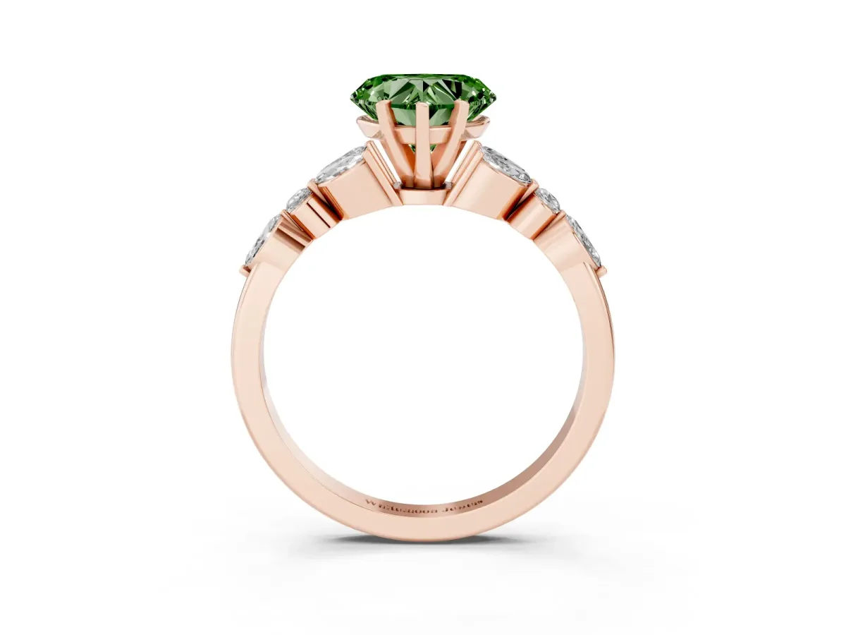 Fancy Green Heart Cut Diamond Solitaire Ring with Side Stones and Four-Prong Setting Rose gold
