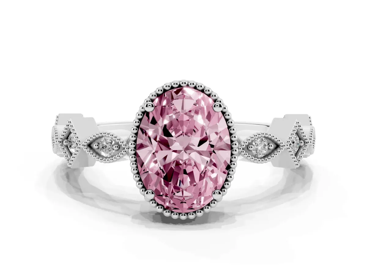 Fancy Pink Oval Cut Milgrain Marquise Diamond Twist Band Ring Silver