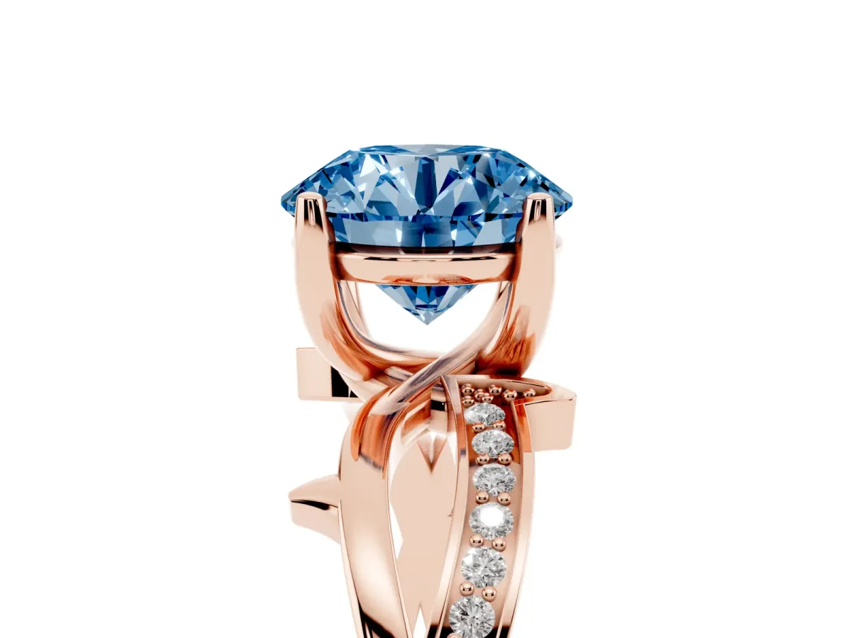 Fancy Blue Round Cut Solitaire Twist Band with Pavé Accents and Four-Prong Setting Rose gold