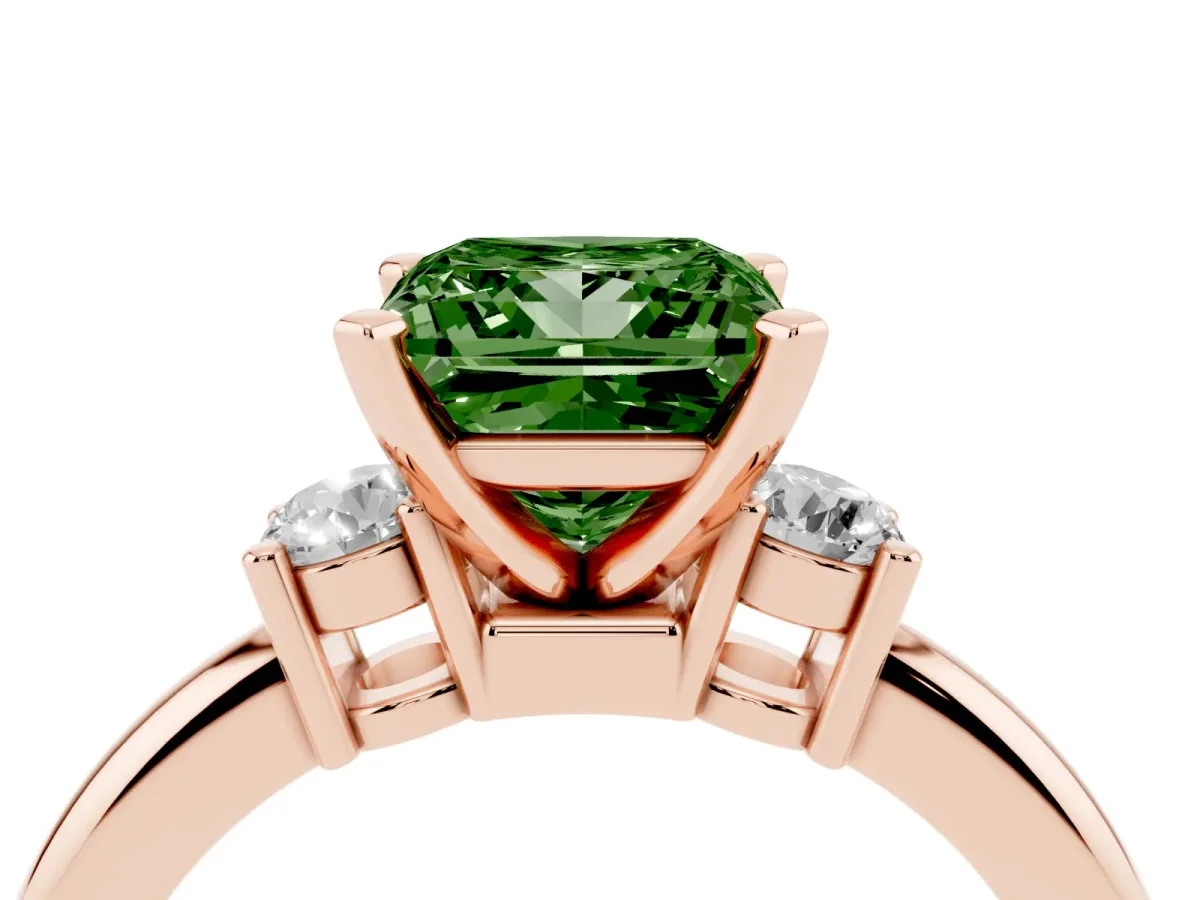 Fancy Green Three-Stone Princess Cut Cut Diamond Solitaire with Prong Setting and Classic Band Rose gold