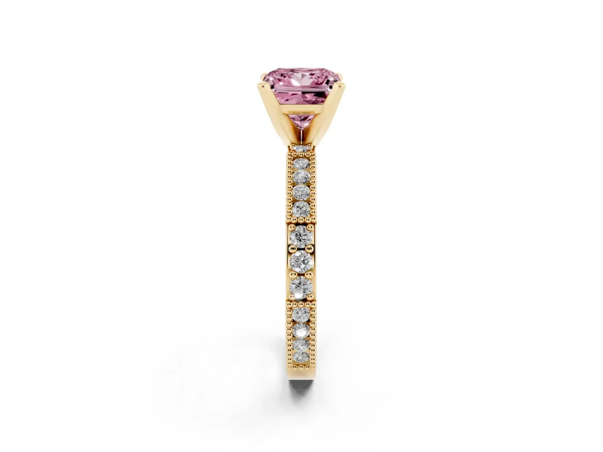 Fancy Pink Princess Cut Solitaire with Pavé Band and Four-Prong Setting Yellow gold