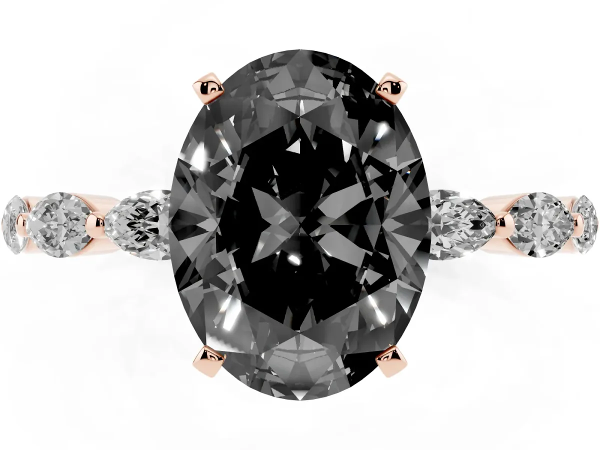 Fancy Black Oval Cut Diamond Ring with Marquise Side Stones and Prong Setting Rose gold