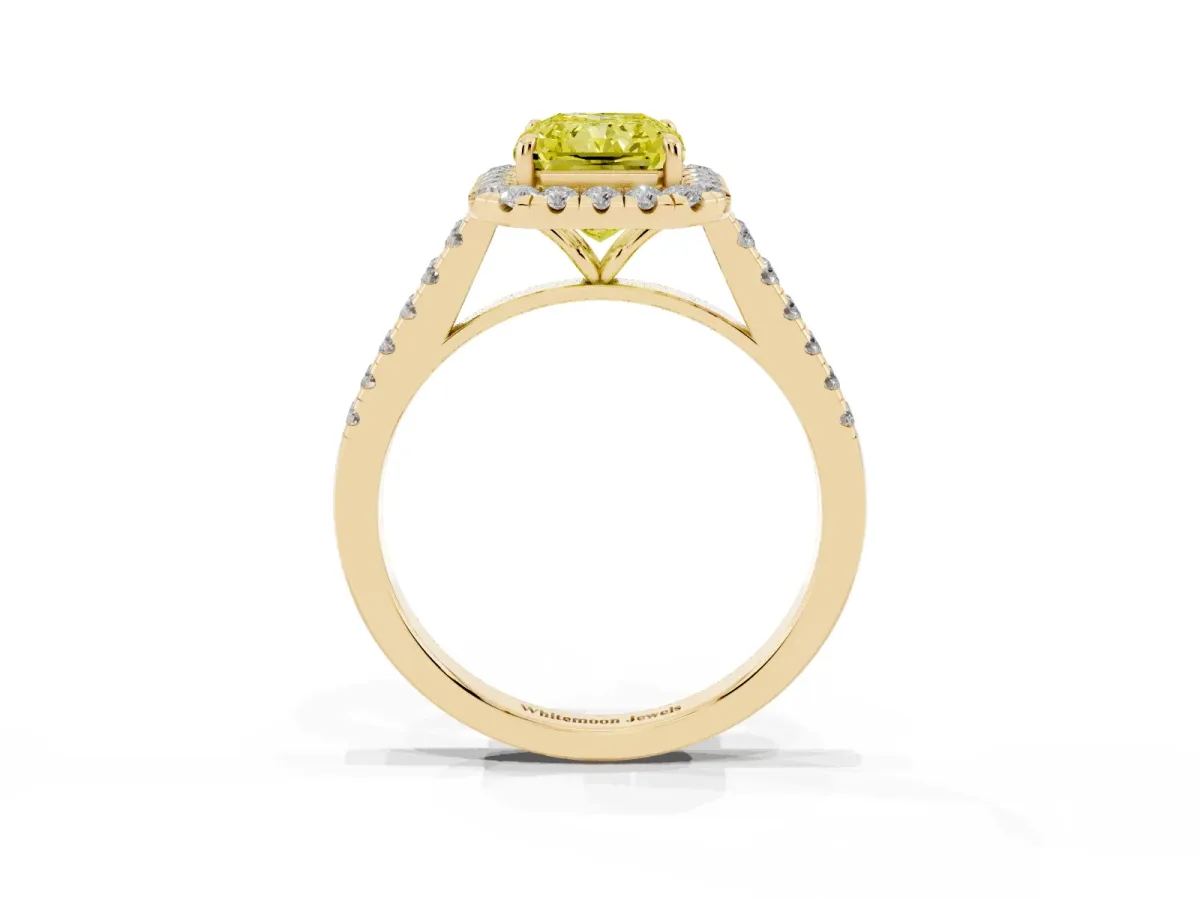 Fancy Yellow Radiant Cut Halo Pave Diamond Engagement Ring with Four-Prong Setting Yellow gold