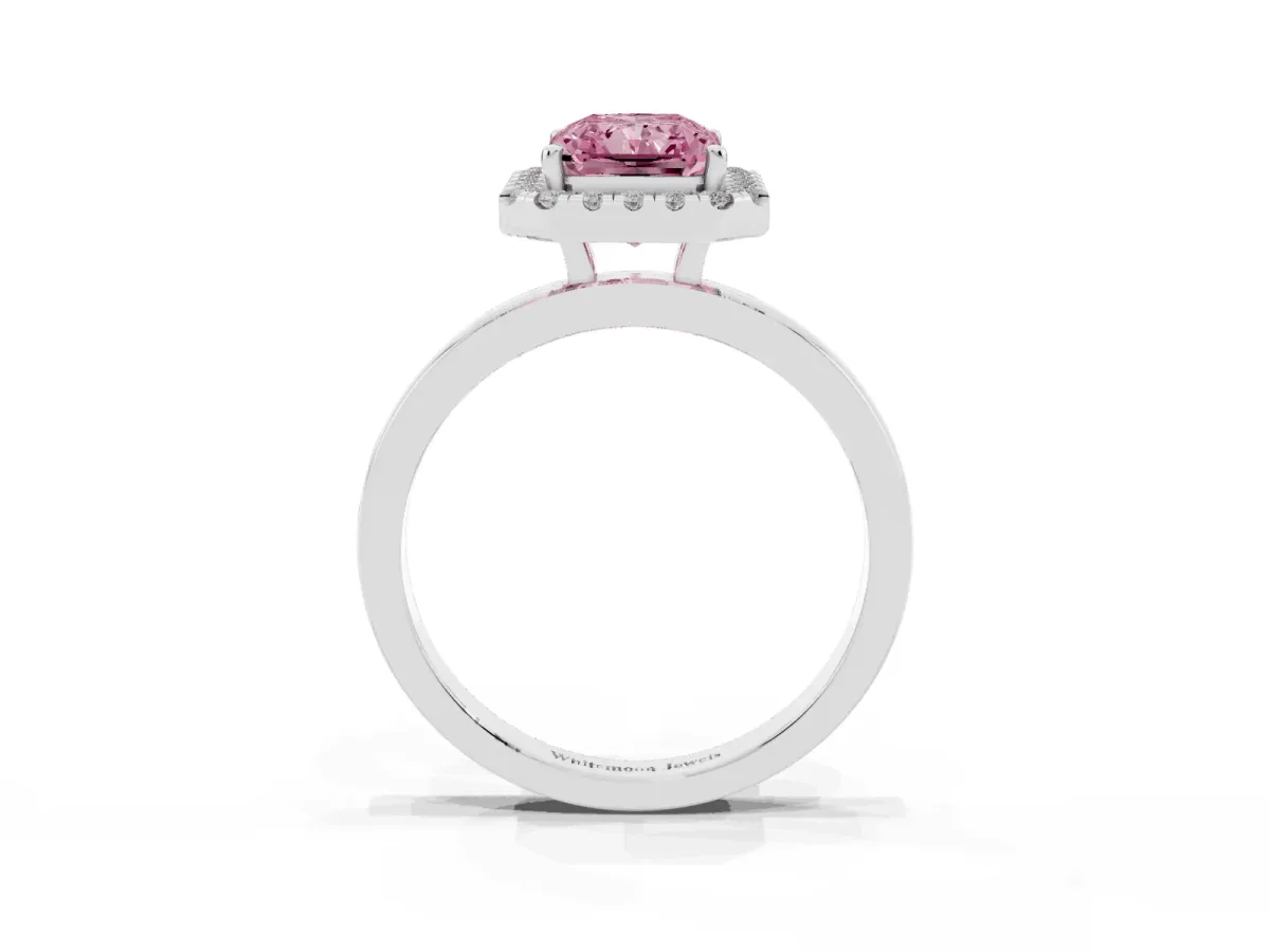 Fancy Pink Radiant Cut Halo Diamond Solitaire with Pavé Band and Four-Prong Setting Silver