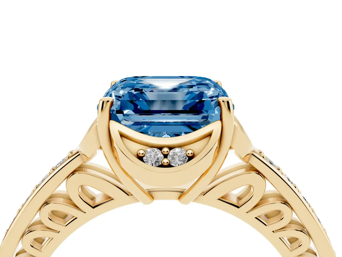 Fancy Blue Asscher Cut Cut Halo Diamond Ring with Channel Set Band and Four-Prong Setting Yellow gold