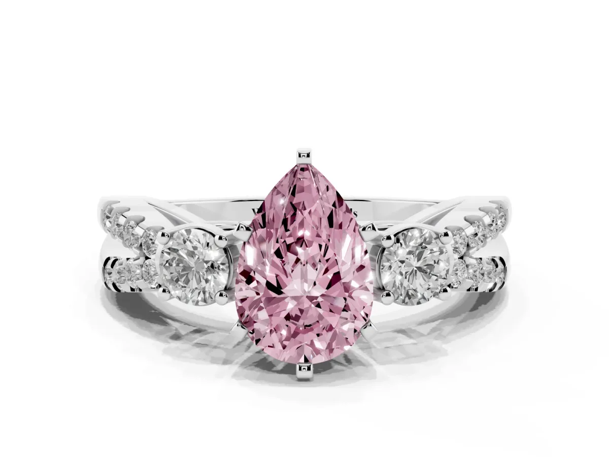 Fancy Pink Pear Cut Diamond Three-Stone Ring with Pavé Split Shank and Four-Prong Setting Silver