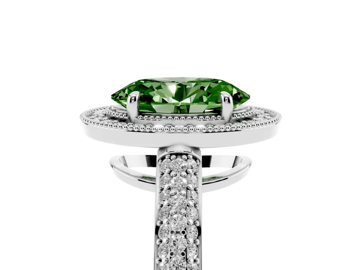 Fancy Green Oval Cut Cut Halo Diamond Pave Band with Four-Prong Setting Silver