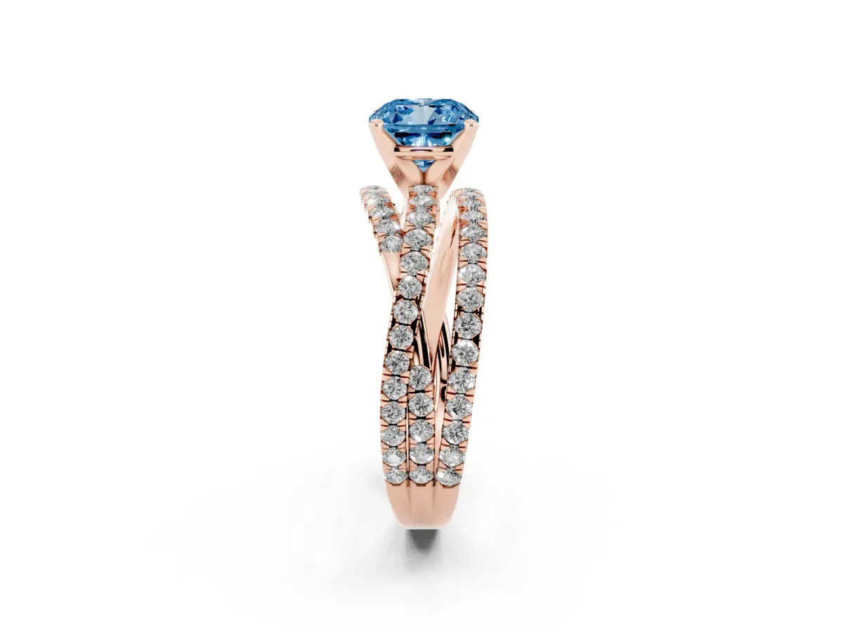 Fancy Blue Cushion Cut Solitaire Twist Band with Pavé Setting and Four-Prong Setting Rose gold
