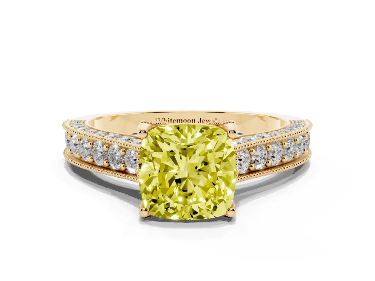Fancy Yellow Cushion Cut Cut Diamond Solitaire Ring with Milgrain Pave Band and Four Prong Setting Yellow gold