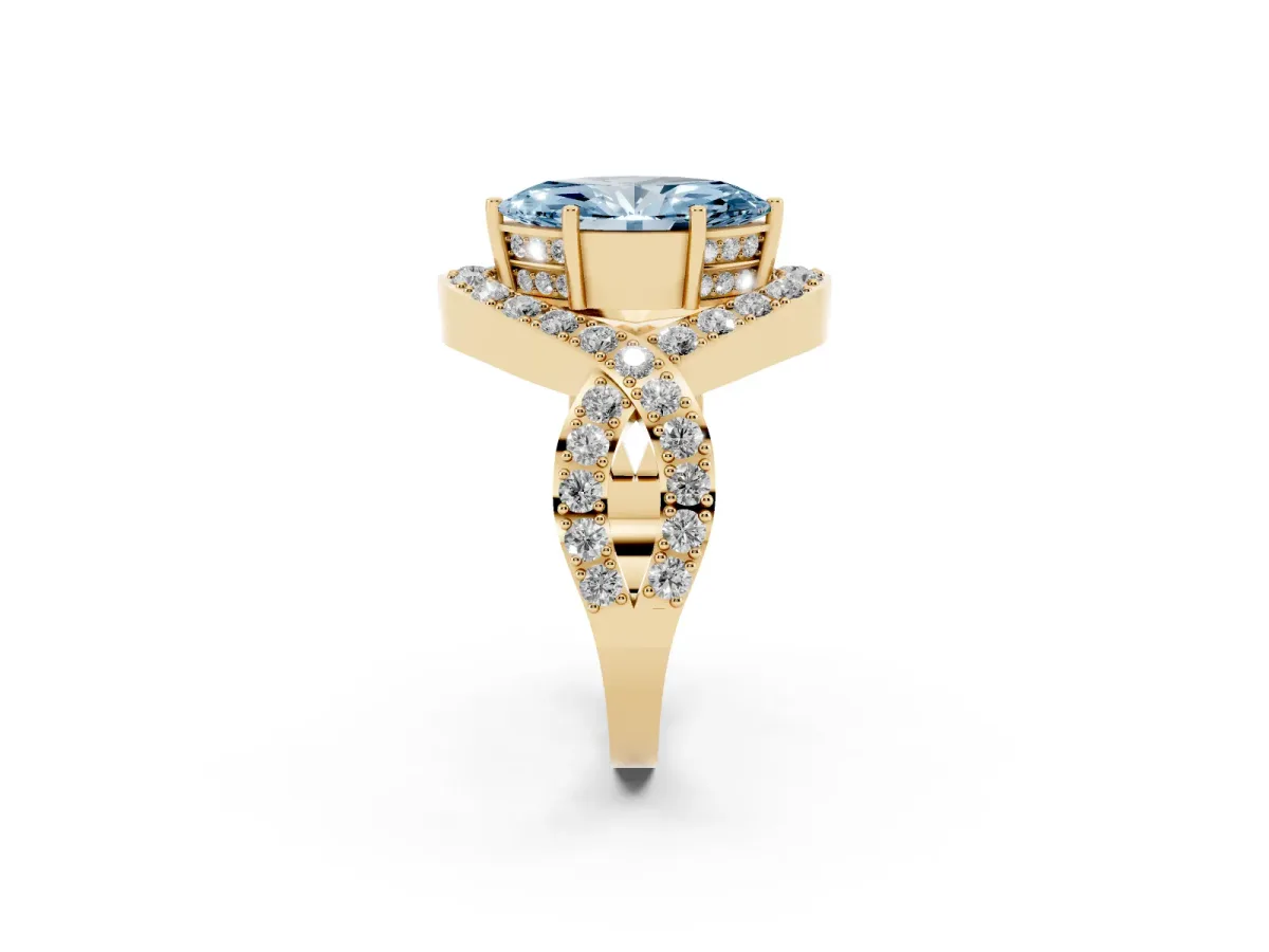 Fancy Blue Marquise Cut Solitaire Twist Band Pavé Diamond Engagement Ring Yellow gold