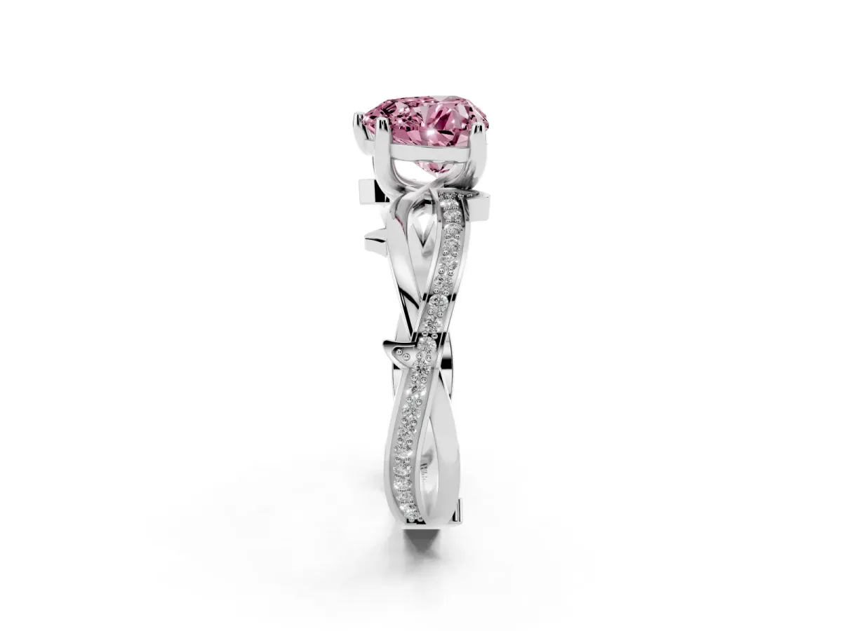 Fancy Pink Heart Cut Solitaire Twist Band with Pavé Accents and Four-Prong Setting Silver