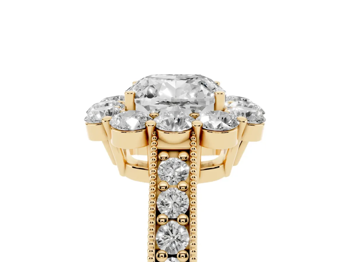 Cushion Cut Cut Halo Diamond Pavé Engagement Ring with Milgrain Detailing Yellow gold