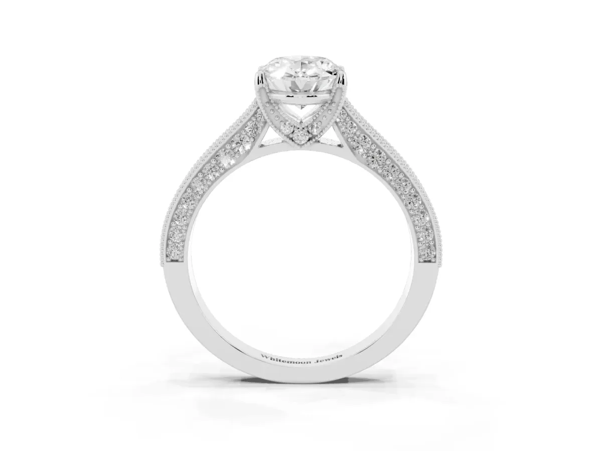 Oval Cut Cut Diamond Solitaire Ring with Milgrain Pave Band and Four Prong Setting Platinum