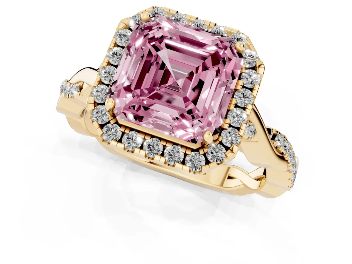 Fancy Pink Asscher Cut Halo Twist Band Solitaire Ring Yellow gold