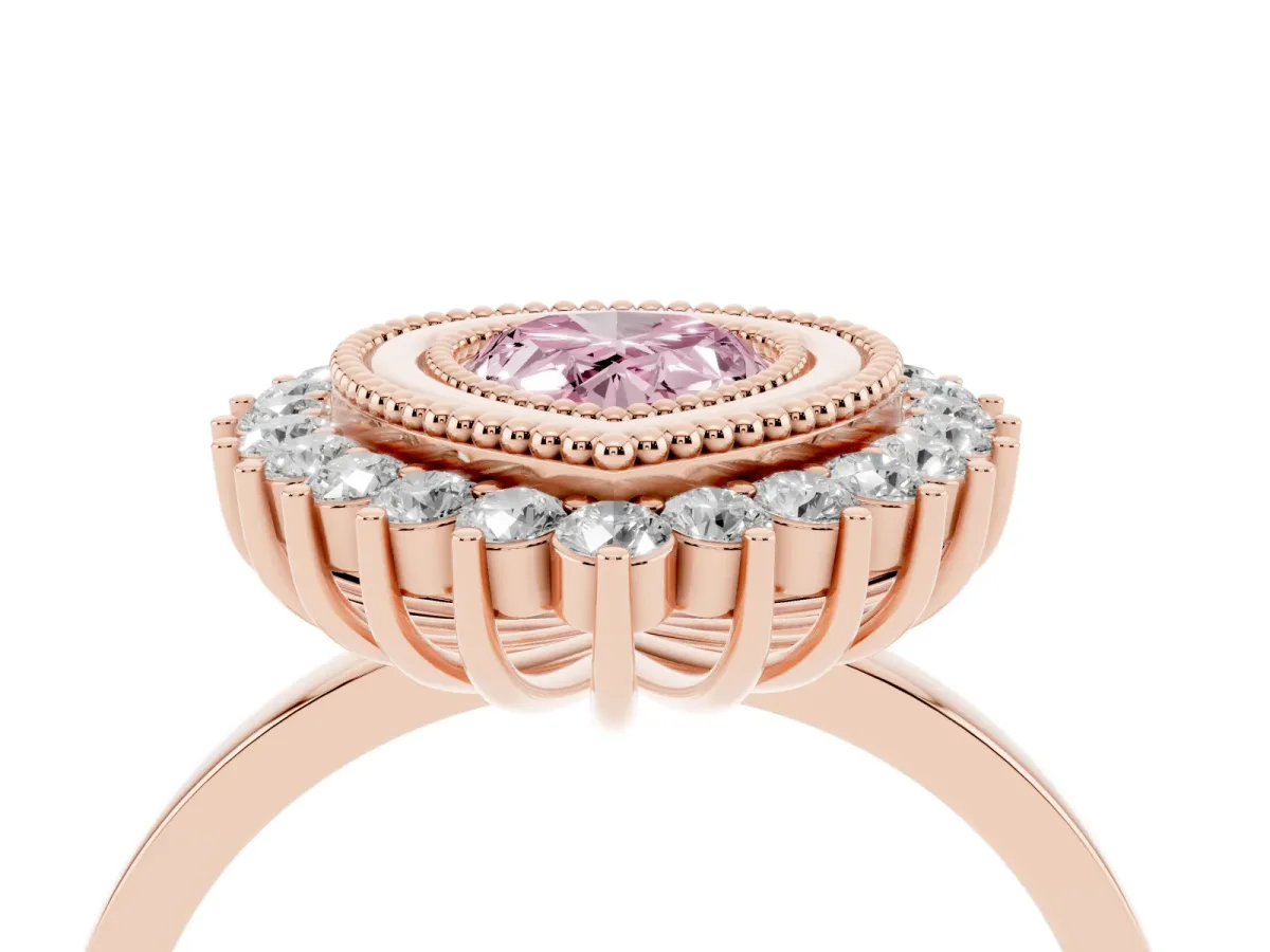 Fancy Pink Pear Cut Halo Diamond Ring with Milgrain Edge and Round Prong Setting Rose gold