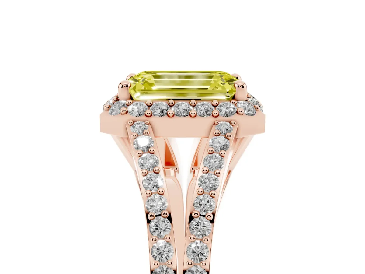 Fancy Yellow Emerald Cut Halo Split Shank Diamond Ring with Prong Setting Rose gold