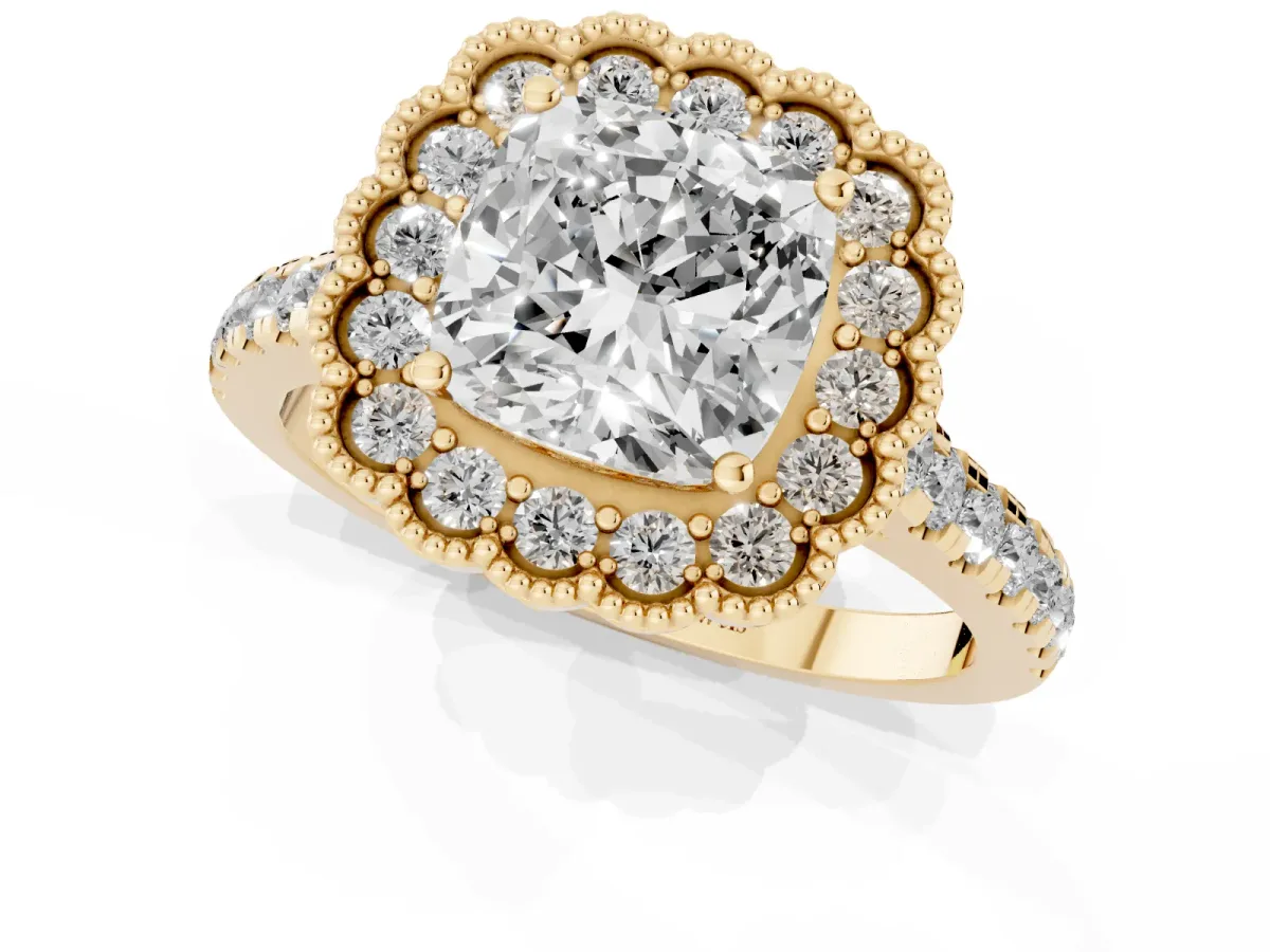 Cushion Cut Cut Diamond Milgrain Floral Halo Engagement Ring with Pavé Band Yellow gold