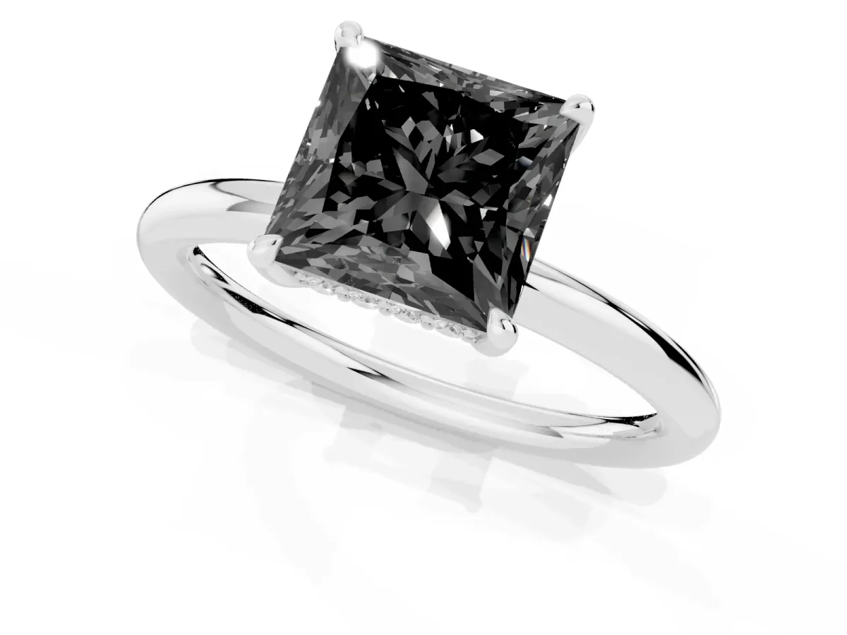 Fancy Black Princess Cut Diamond Solitaire Ring with Thin Band and Four-Prong Setting Platinum
