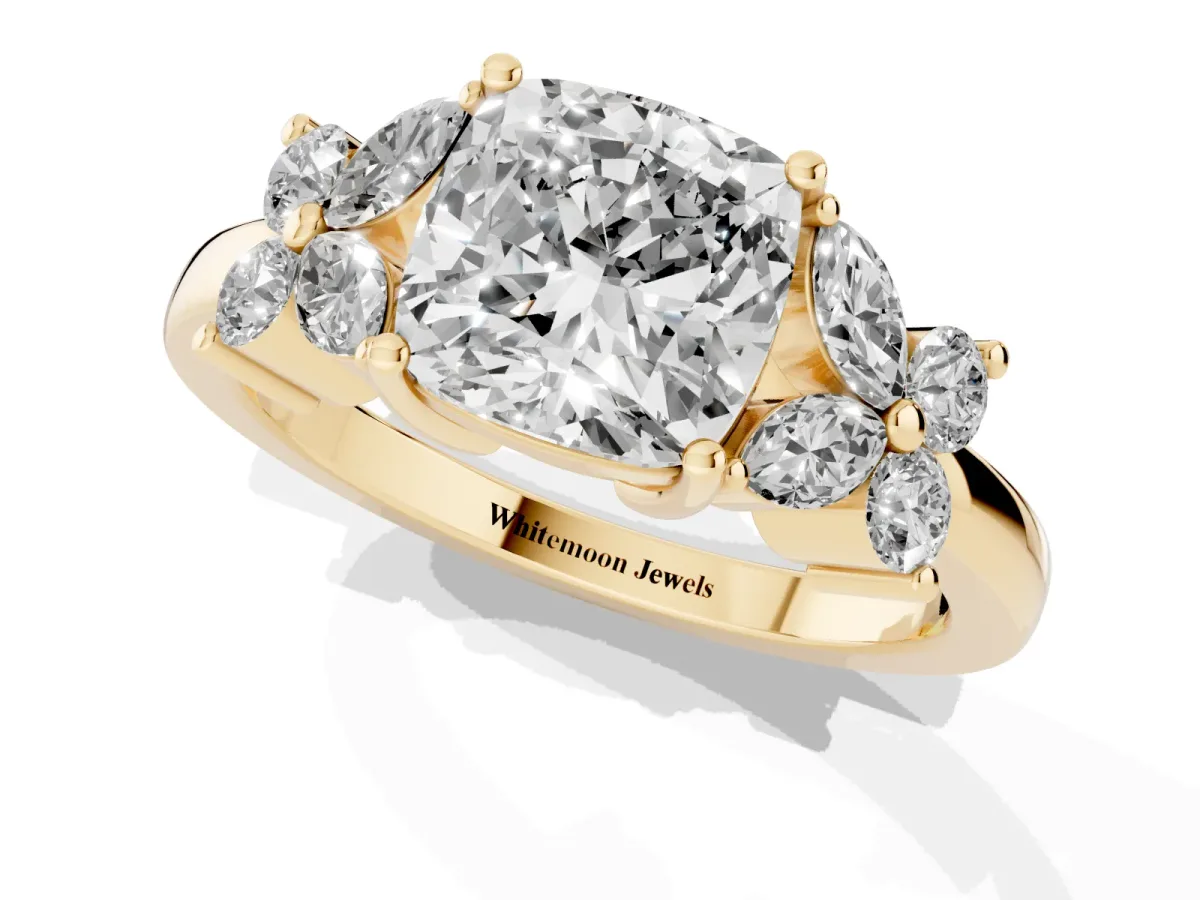 Cushion Cut Diamond Floral Cluster Ring with Solitaire Band and Prong Setting Yellow gold