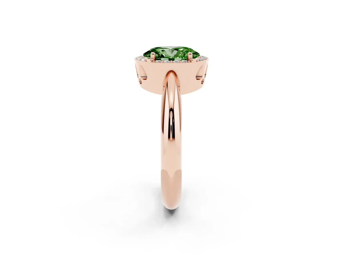 Fancy Green Oval Cut Cut Diamond Halo Engagement Ring with Split Shank and Four-Prong Setting Rose gold