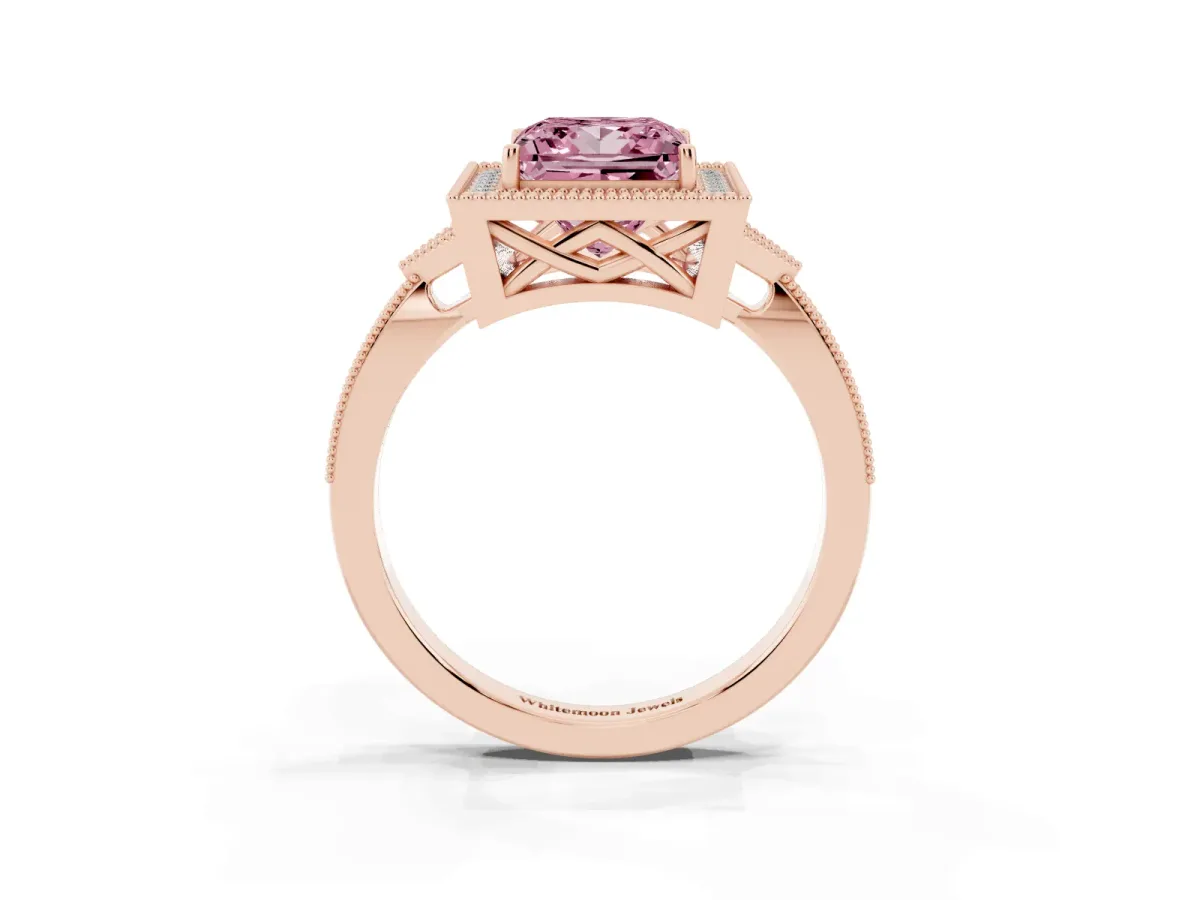 Fancy Pink Princess Cut Halo Round Diamond Milgrain Pave Engagement Ring Rose gold