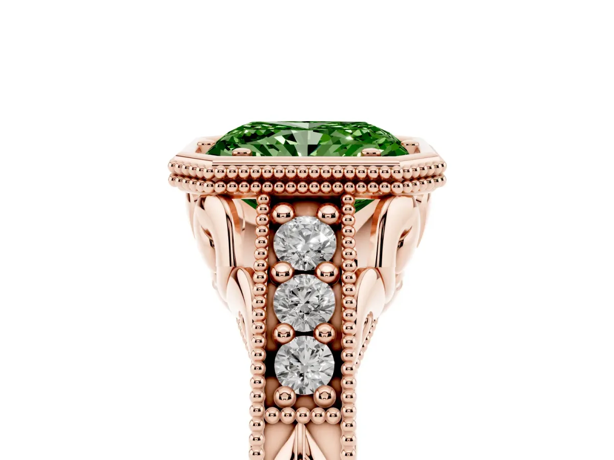 Fancy Green Bezel Set Radiant Cut Diamond Milgrain Pave Engagement Ring Rose gold