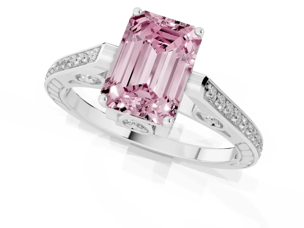 Fancy Pink Emerald Cut Cut Cathedral Pave Diamond Engagement Ring with Six-Prong Setting Silver