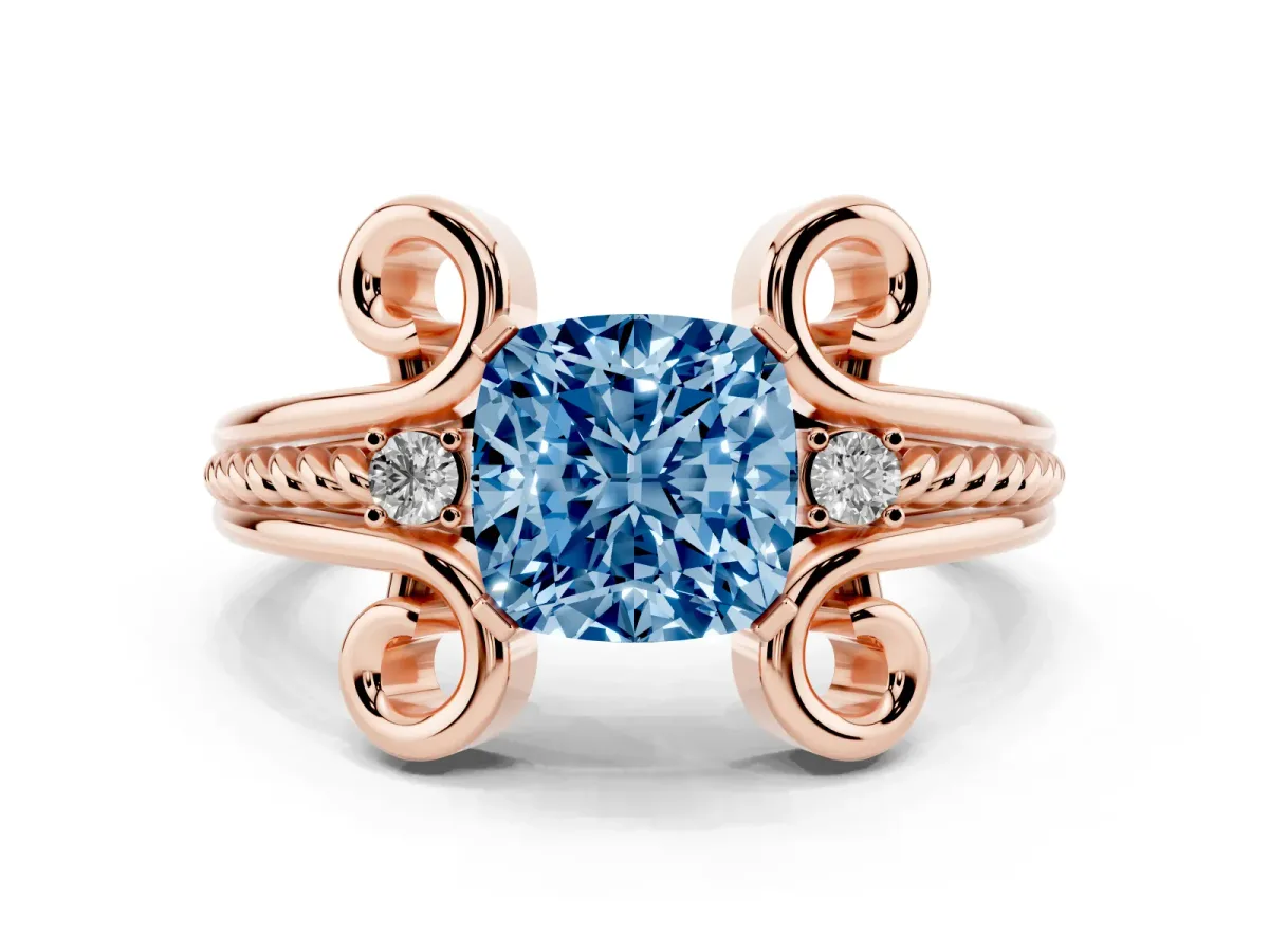 Fancy Blue Cushion Cut Solitaire Twisted Band Scroll Prong Ring Rose gold