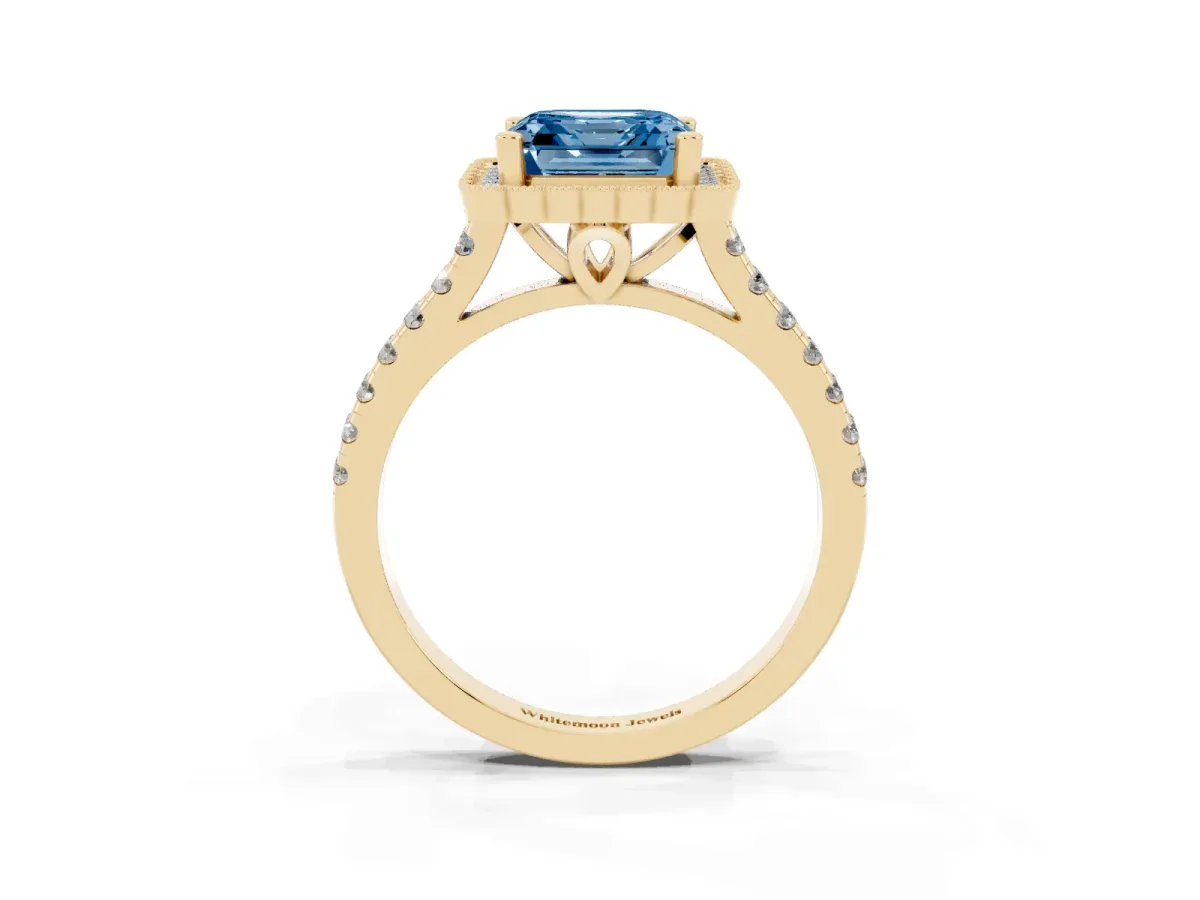 Fancy Blue Asscher Cut Cut Diamond Milgrain Floral Halo Engagement Ring with Pavé Band Yellow gold